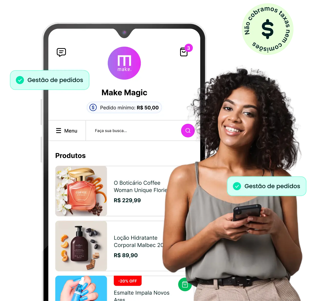 Interface de um Catálogo Digital de cosméticos em um smartphone, destacando a gestão de pedidos e uma cliente satisfeita utilizando o aplicativo.